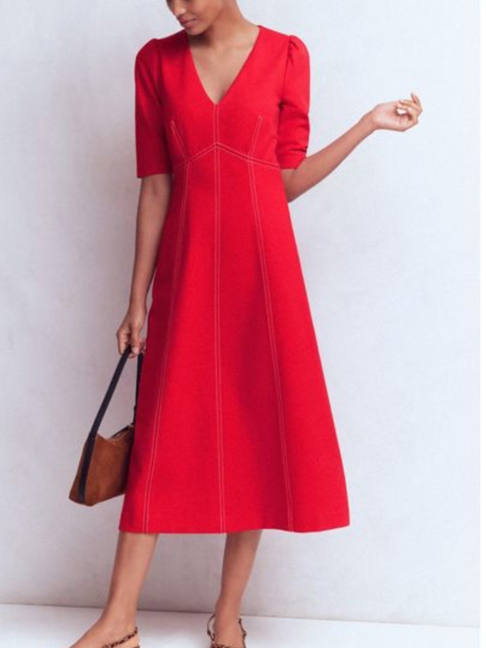 Boden red puff sleeve midi dress